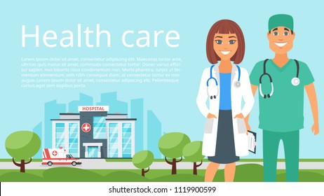 Vector cartoon style illustration of man and woman doctor. Background with hospital and emergency car. Medical concept.