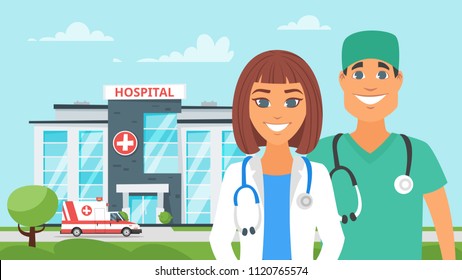 Dibujo tipo vectorial de hombre y mujer médico. Antecedentes de camión hospitalario y de emergencia.  Concepto médico.