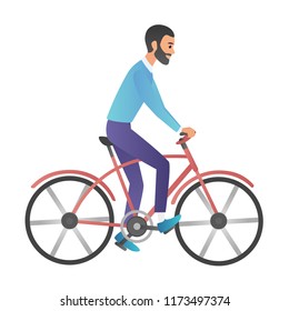 Vector cartoon style illustration of man riding on the bike isolated on white background. Trendy cartoon gradient style.