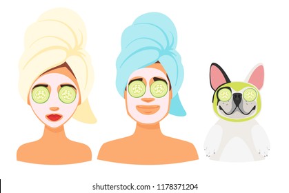 Vector cartoon style illustration of man, woman and dog avatar getting spa treatment with mask on face. Healthy lifestyle.