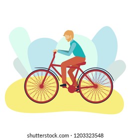 Vector cartoon style illustration of man riding on the bike and enjoying his trip. Isolated on white background.