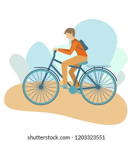 Vector cartoon style illustration of man riding on the bike and enjoying his trip. Isolated on white background.