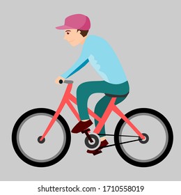 Vector cartoon style illustration of a man riding a bicycle isolated on gray background.Flat man character riding bicycle.
