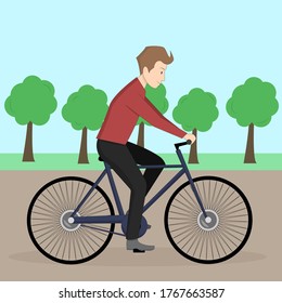 Vector cartoon style illustration of man riding on the bike on the park road.