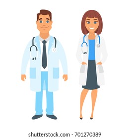 Vector cartoon style illustration of man and woman doctor. Isolated on white background.