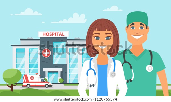 Vector\
cartoon style illustration of man and woman doctor. Background with\
hospital and emergency car. Medical\
concept.