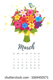 Vector cartoon style illustration of March 2018 year calendar page with flower bouquet. Template for print.