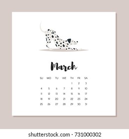 Vector cartoon style illustration of march dog year calendar. Isolated on white background. Template for print.