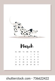 Vector cartoon style illustration of March dalmatian dog 2018 year calendar page. Isolated on white background. Template for print.