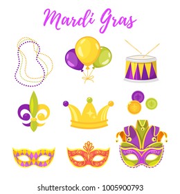 Vector  cartoon style illustration of Mardi Gras symbols: colorful holiday mask, golden crown and beads.
