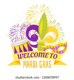 Vector cartoon style illustration of Mardi Gras festival poster for masquerade party template design with colorful holiday mask and fireworks. Typography poster with decorative yellow ribbon.
