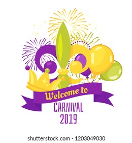 Vector cartoon style illustration of Mardi Gras festival poster for masquerade party template design with colorful holiday mask, balloons and fireworks. Typography poster with decorative ribbon.
