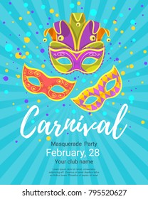 Vector  cartoon style illustration of Mardi Gras carnival poster for masquerade party template with colorful holiday mask