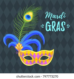 Vector  cartoon style illustration of Mardi Gras greeting card template with colorful holiday mask with peacock feathers