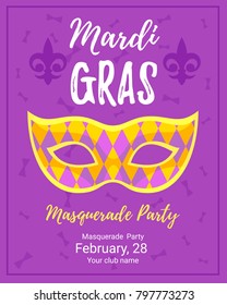 Vector  cartoon style illustration of Mardi Gras poster for masquerade party template with colorful holiday mask

