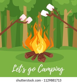 Vector cartoon style illustration of marshmallows on stick roasting over the bonfire. Green forest background. Let's go camping text. 