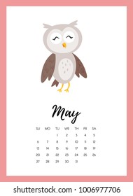 Vector cartoon style illustration of May 2018 year calendar page with cute animal owl. Template for print.