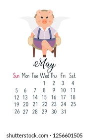 Vector cartoon style illustration of May 2019 year cute calendar page with pink pig girl sitting in armchair.Template for print