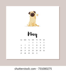 Vector cartoon style illustration of may dog year calendar. Isolated on white background. Template for print.