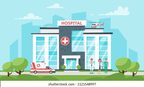 Vector cartoon style illustration of medical hospital building, medical stuff and ambulance car. Urban background.