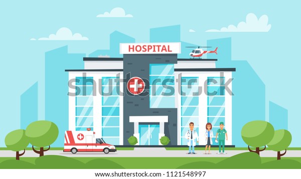 Vector cartoon\
style illustration of medical hospital building, medical stuff and\
ambulance car. Urban\
background.