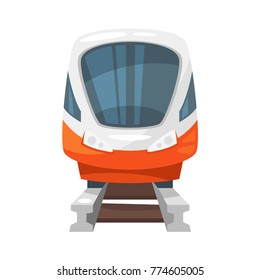 Vector Cartoon Style Illustration Of Modern Speed Train - Front View. Travel And Tourism Transport.