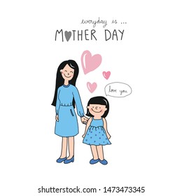 Vector cartoon style illustration of mother standing happily with her daughter.