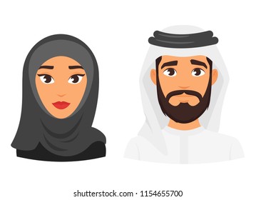 Vector cartoon style illustration of Muslim Arabic traditional clothing avatar. Young Man and woman Isolated on white background. Icon for web. 