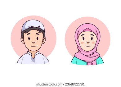 Ilustración vectorial de avatar de personaje musulmán. Joven hombre y mujer aislados de fondo blanco. Icono para web.