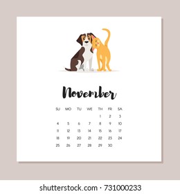 Vector cartoon style illustration of november dog year calendar. Isolated on white background. Template for print.