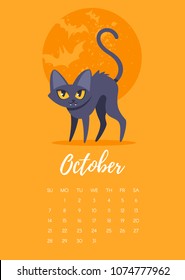 Vector cartoon style illustration of October 2018 year calendar page with vampire cat. Template for print.