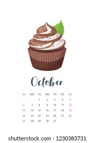 Vector cartoon style illustration of October 2019 year calendar page with sweet cupcake. Muffin isolated on white background. Yummy chocolate brownie dessert decorated with mint leaves.