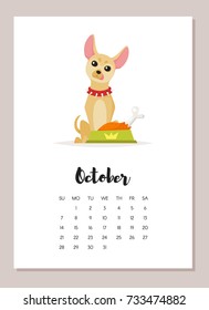 Vector cartoon style illustration of October chihuahua dog 2018 year calendar page. Isolated on white background. Template for print.