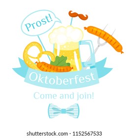 Vector cartoon style illustration of Octoberfest greeting card, banner or poster template. Beer festival celebration design. Composition with pretzel, beer mug and sausage.