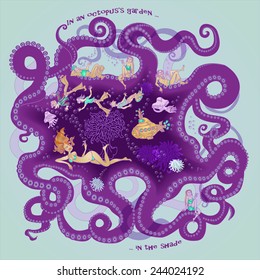 Vector cartoon style illustration  Octopus's Garden with violet octopus tentacles, yellow submarine, smoking mermaid, relaxed guys and girls 