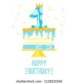 Vector cartoon style illustration of one year boy anniversary birthday cake. Isolated on white background. Template for postcard for print.