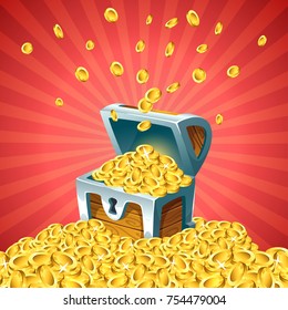 Vector cartoon style illustration of open treasure chest with falling golden coins on red background. 