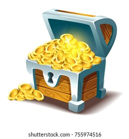 Vector cartoon style illustration of open treasure chest with gold. Isolated on white background. Game user interface (GUI) element for video games, computer or web design.