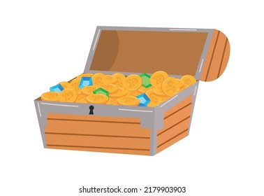 Vector cartoon style illustration of opened pirate's treasure chest. Isometric view.