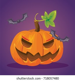 Vector cartoon style illustration of orange Halloween pumpkin with scary face and flying bats