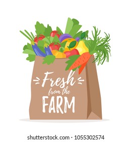 Dibujo de caricatura vectorial de una bolsa de papel llena de verduras y frutas naturales orgánicas. Nuevo del texto de la granja.