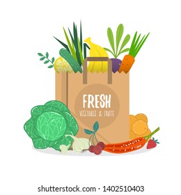 Vector cartoon style illustration of paper bag full of natural organic vegetables and fruits.