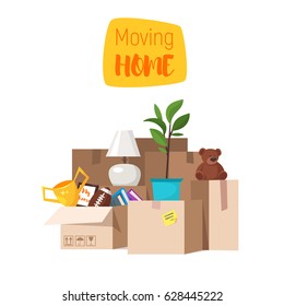 Vector cartoon style illustration of paper boxes with various things from house. Concept for home moving. Isolated on white background. 