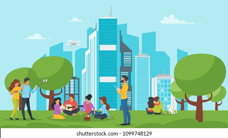 Vector Cartoon Style Illustration Of Park With City At The Background. Urban Skyline With Modern Skyscrapers. Outdoor Activity: People Resting And Making Picnic. Modern Lifestyle.