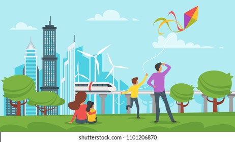 Vector cartoon style illustration of park with city at the background. Urban skyline with modern skyscrapers and windmill. Outdoor activity: family is resting together, father and son flying kite.