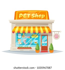 Vector cartoon style illustration of pet shop facade with bright banner. Store building exterior. Isolated on white background. Showcase products for animals.