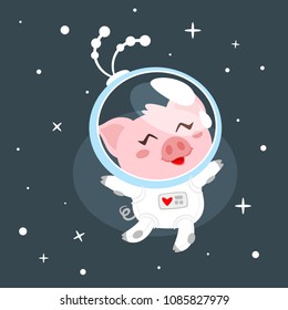 Vector cartoon style illustration of pig in space suit. Dark space background.