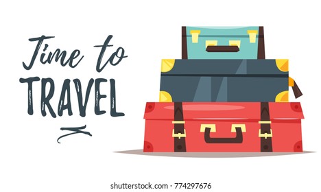 Vector cartoon style illustration of pile of three vintage suitcases. Time to travel text. Travel and tourism.
