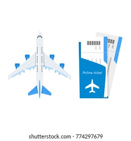 Vector cartoon style illustration of plane with airline tickets. Travel and tourism.