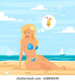 Vector cartoon style illustration of pretty blond woman on the beach with think bubble and fresh cocktail in it. Sea shore background.
